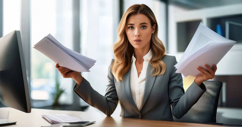 Businesswoman holding documents in each hand