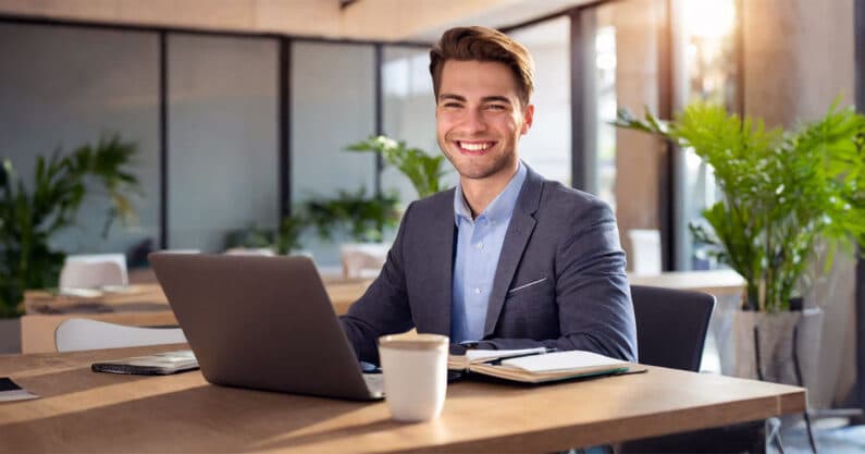 Young man in suit at office desk smiling
